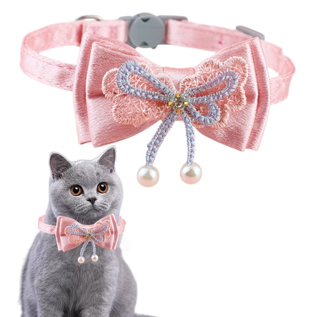 LSLJS Collier pour Animaux de Compagnie Rose Dentelle Nœud Perlé Collier pour Chats Clochettes Collier pour Animaux Fleur Doux Réglable Collier pour Chats
