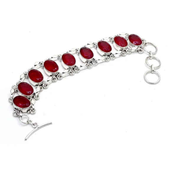 Red Emerald Gemstone 925 Sterling Silver Handmade Jewelry Bracelet Size-7-8"