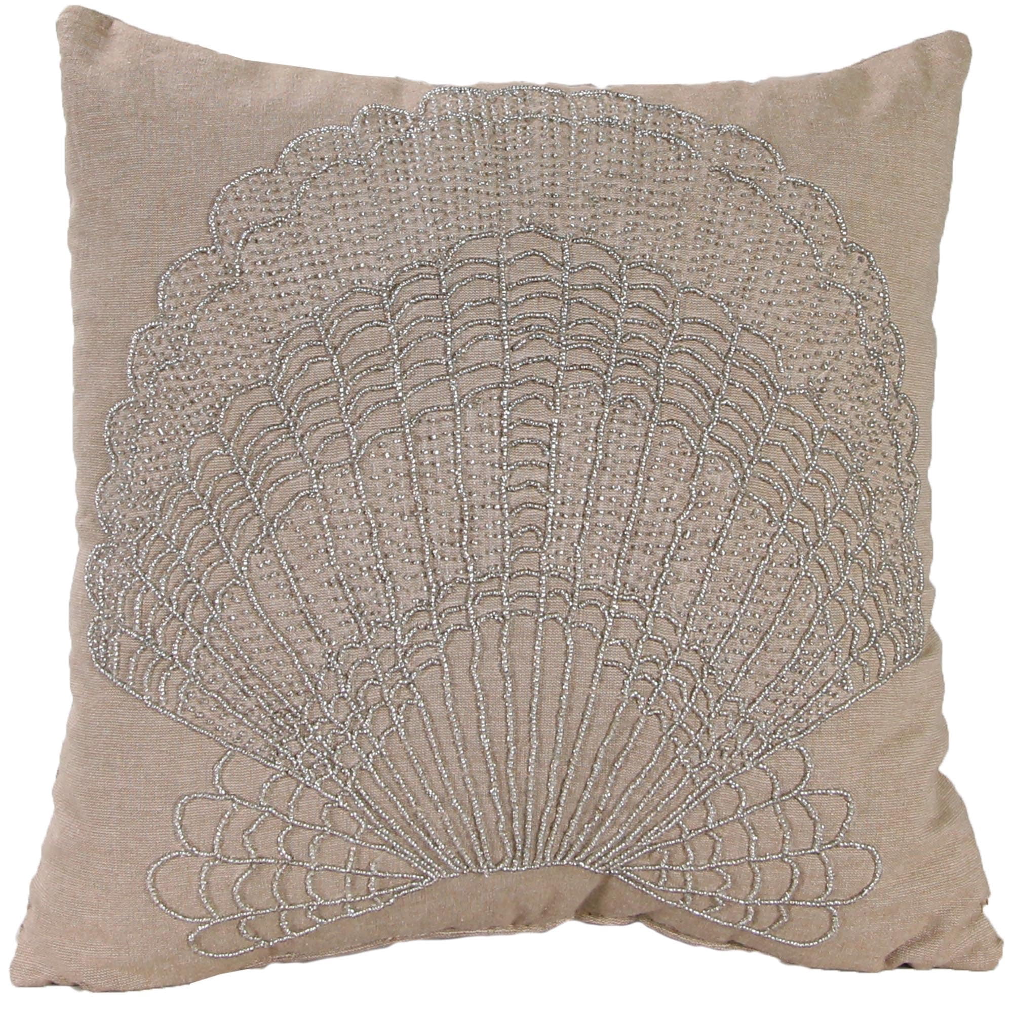 Jordan Manufacturing 18" x 18" Tan Seashell Nautical Square Reversible Decorative Throw Pillow with Bead Accent