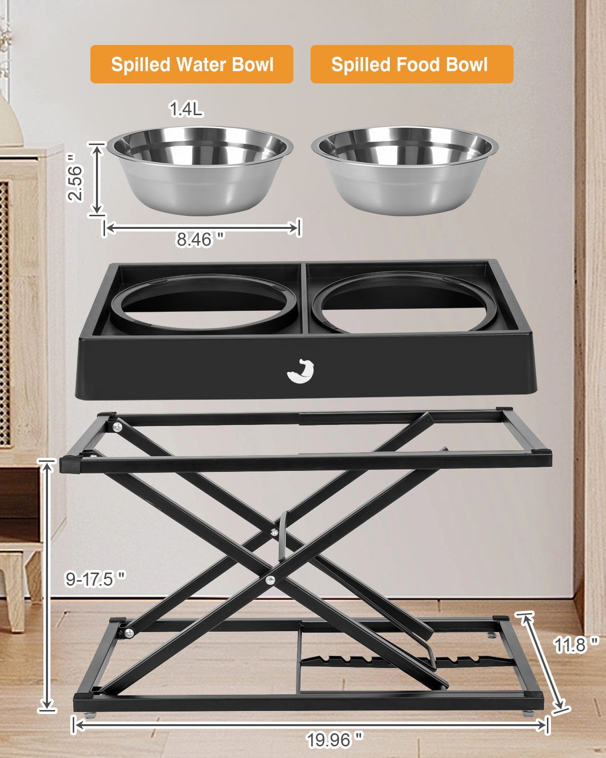 Joytale Elevated Dog Bowls Stand with 2 Stainless Steel Bowls (6 Cup/1.45L) - 8 Adjustable Heights for Medium/Large Dogs - Anti-Slip Heavy Duty Base