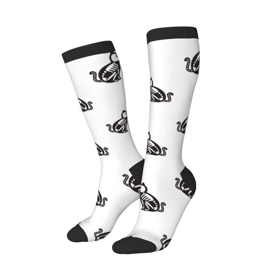 Knee High Socks for Women Men Athletic - Black White Cartoon Cat Bones Thigh-High Black Sole Comfort Breathable Long Socks for Casual Travel Running