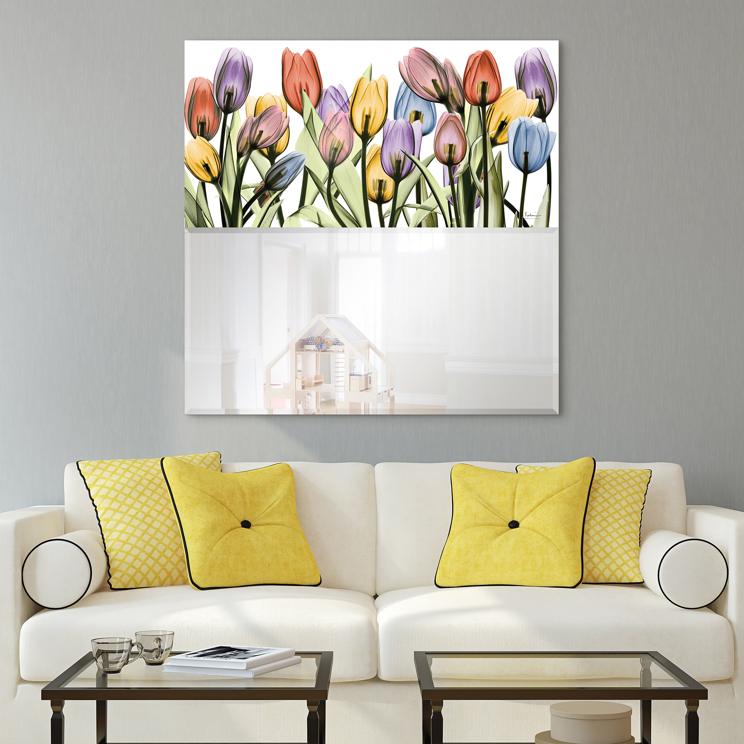 Empire Art Direct "Tulip Scape" Square Beveled Mirror on Free Floating Printed Tempered Art Glass - Clear - 38 x 38