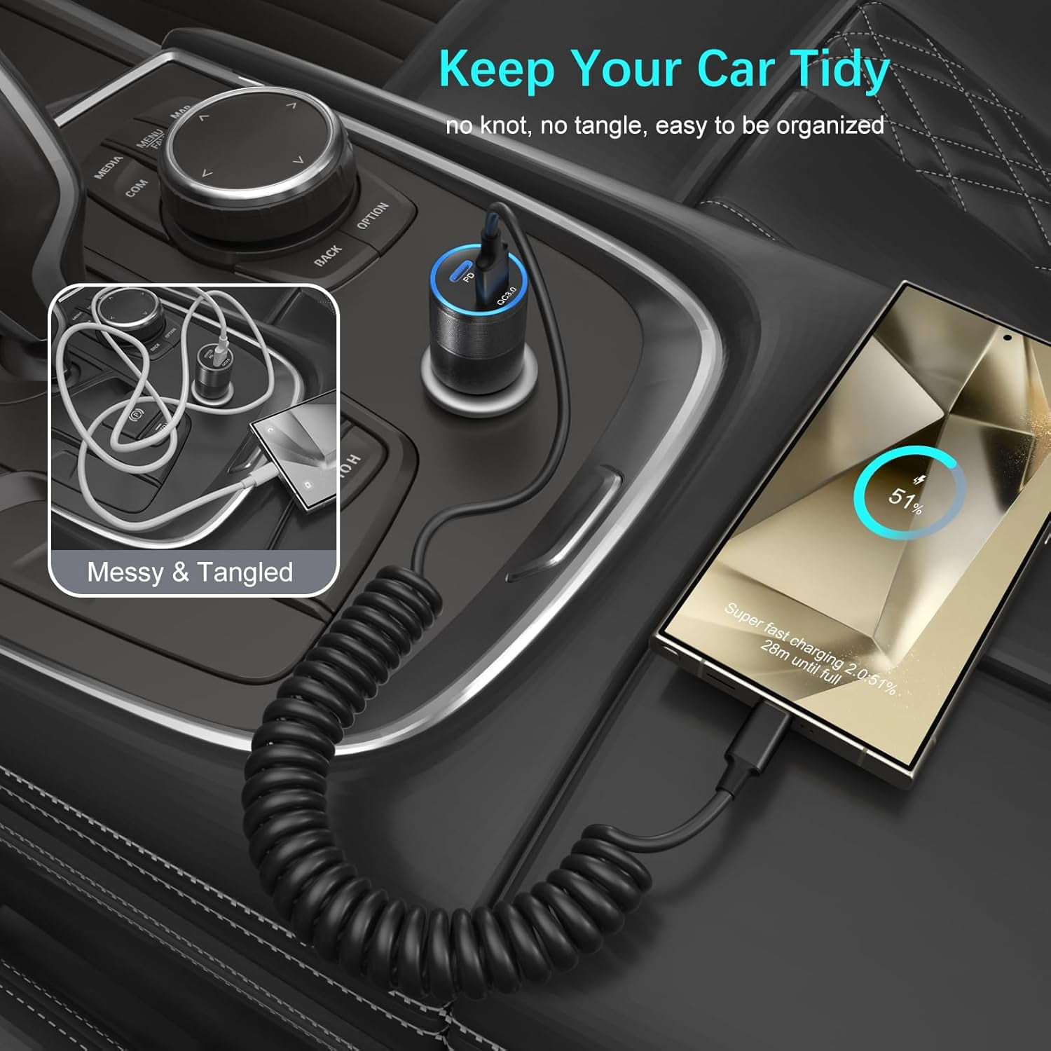 MHAWBL-Coiled USB C Cable for Car, 3ft Retractable Car Charger Type C Fast Charging Cord 60W 3A for iPhone 17 16 15 Pro Max Carplay Galaxy S25 Ultra S24 FE A15 A54 A35 A16 Android Phones, 3Pack
