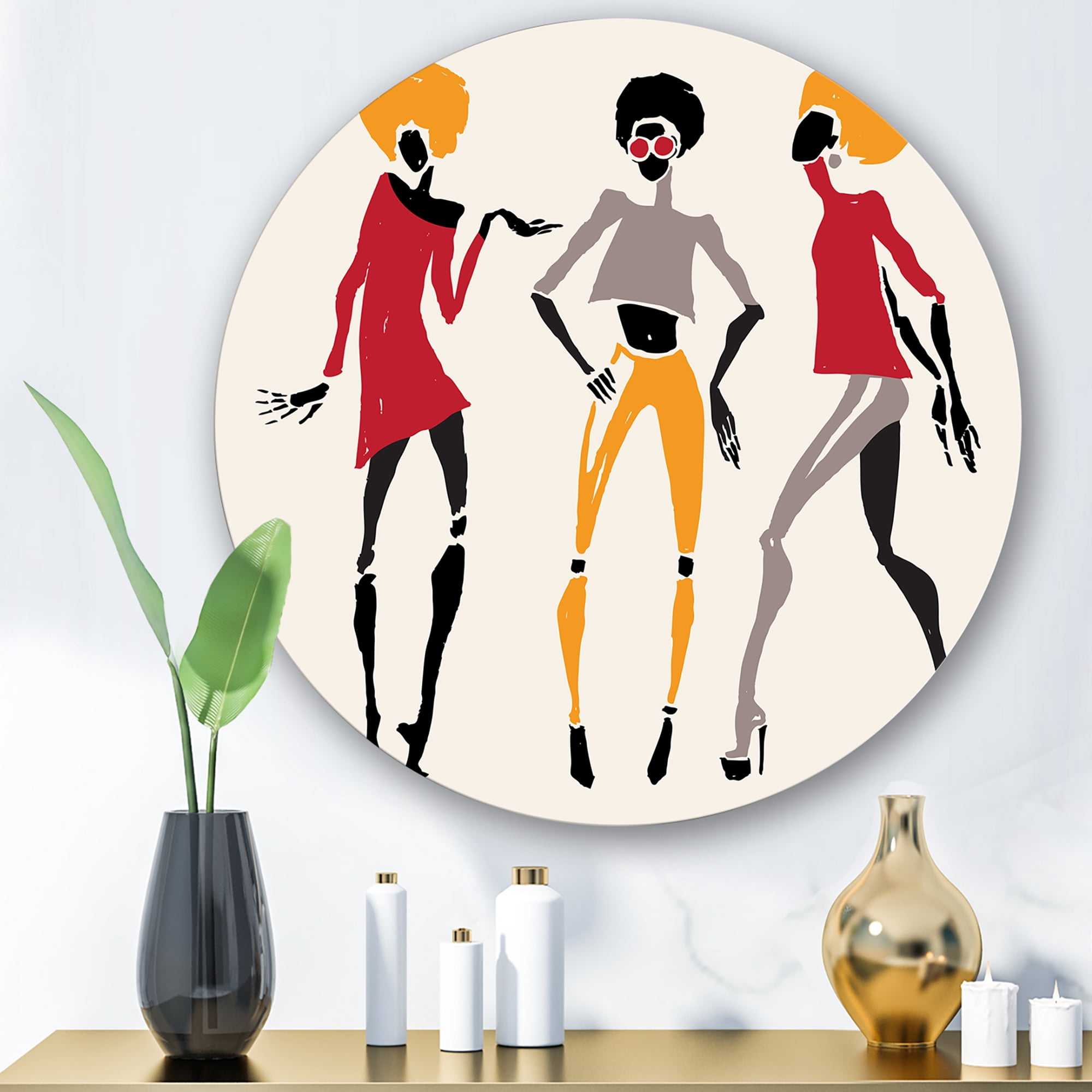 Designart 'African American Women Silhouettes Red and Yellow I' Modern Circle Metal Wall Art 23x23 - Disc of 23