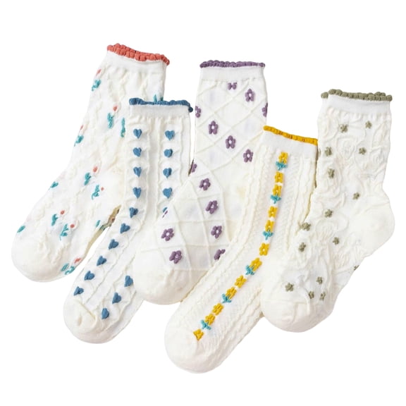 5 Pairs Women Ruffle Crew Socks, Cute Floral Cotton Casual Socks