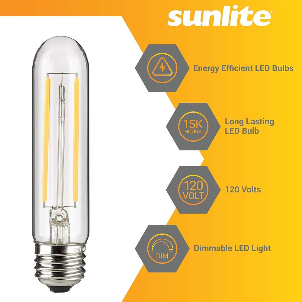Sunlite 41790 LED Edison T10/T30 Tubular Light Bulb, 2 Watts (25W Equivalent), 160 Lumens, Medium E26 Base, 120 Volts, Dimmable, 90 CRI, UL Listed, Clear, 2700K Soft White, 6 Pack