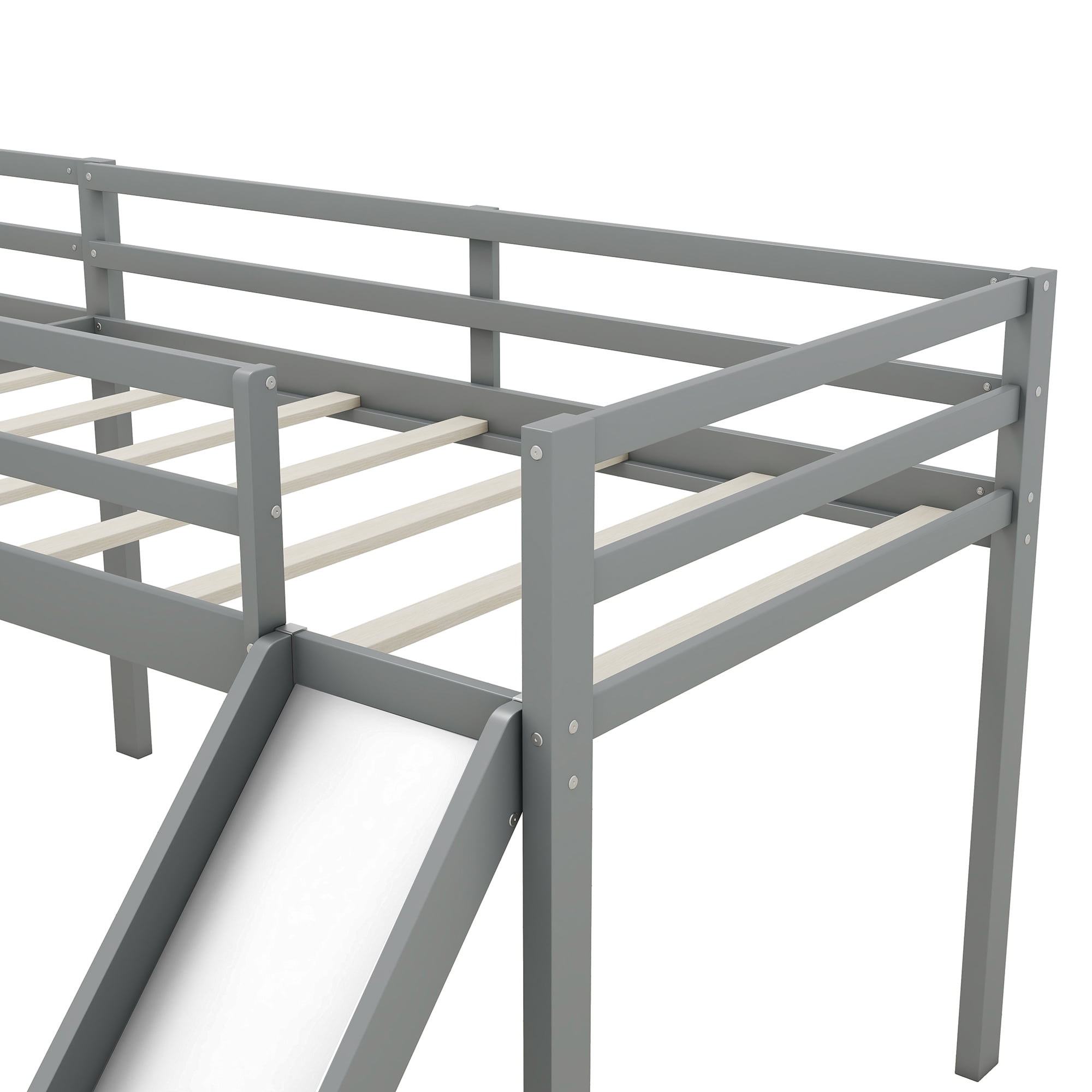 Euroco Twin L-Shaped Low Loft Bed with Movable Two-Tier Shelves for Kids Teens, Gray