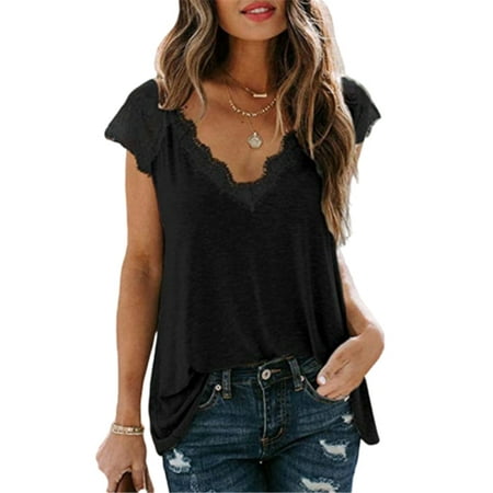 Sexy V-Neck Lace Tshirts Sleeveless Women Summer New Loose Casual Tees ...