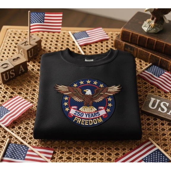 Embroidered Eagle Patch Sweatshirt with 250 Years Freedom Design for USA Anniversary and Patriotic Celebration Wear