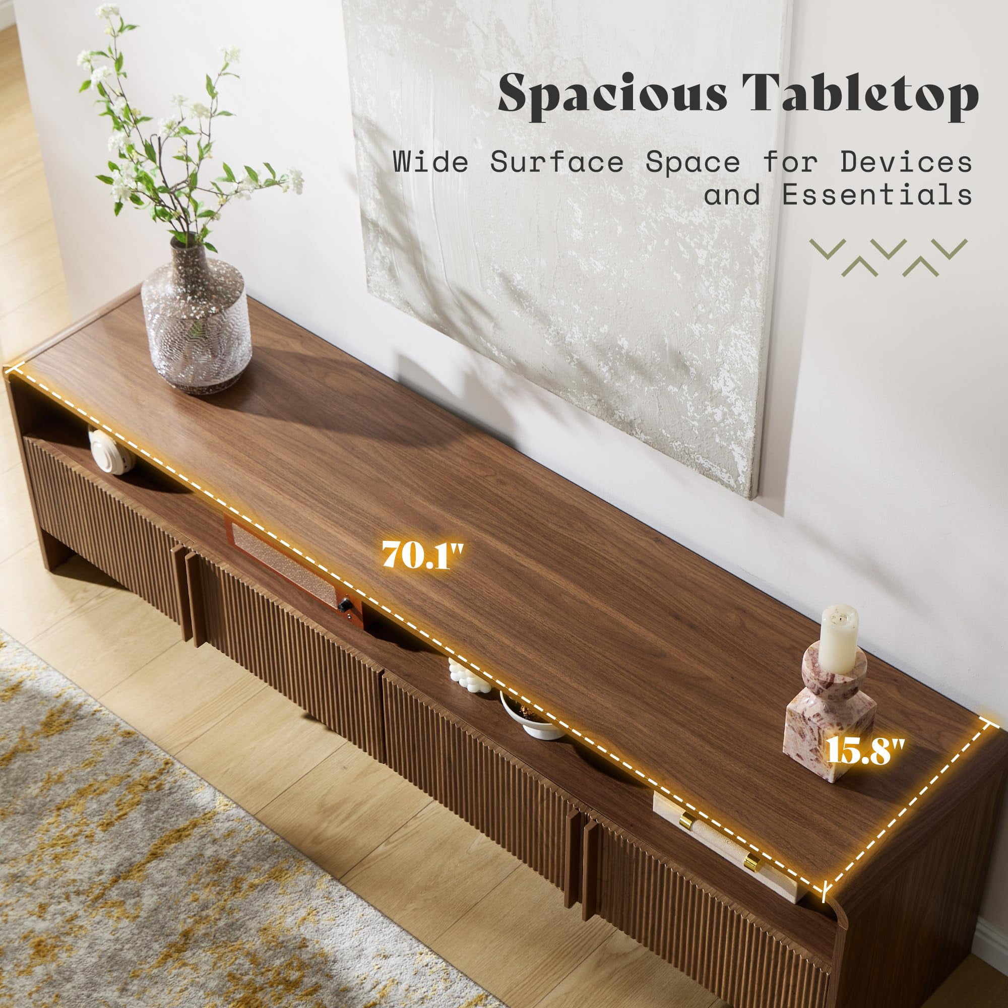 Papajet 70" Modern TV Stand for TVs up to 80", Fluted TV Console with Storage Cabinets, Wood Entertainment Center for Living Room, Brown
