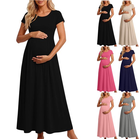 Iyufng Maternity Maxi Dresses Women's Solid Color Stretch Fitted Short Sleeve Summer Dress Maternity Wear