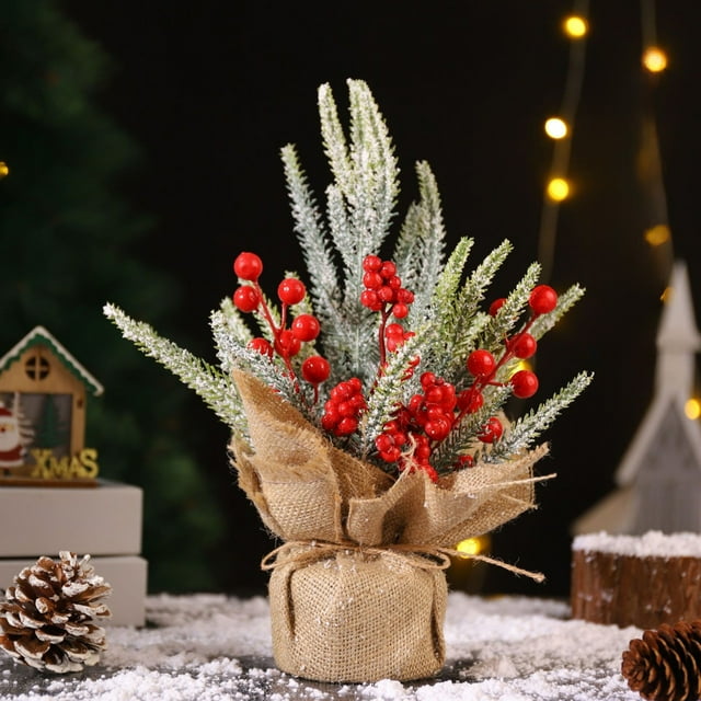 Arbre de Noël de Bureau 12 Pouces Petit Arbre de Noël Artificiel Mini Arbre de Noël avec Baies Rouges Cônes et Base en Toile de Jute Idéal pour Maison Fermes Bureau