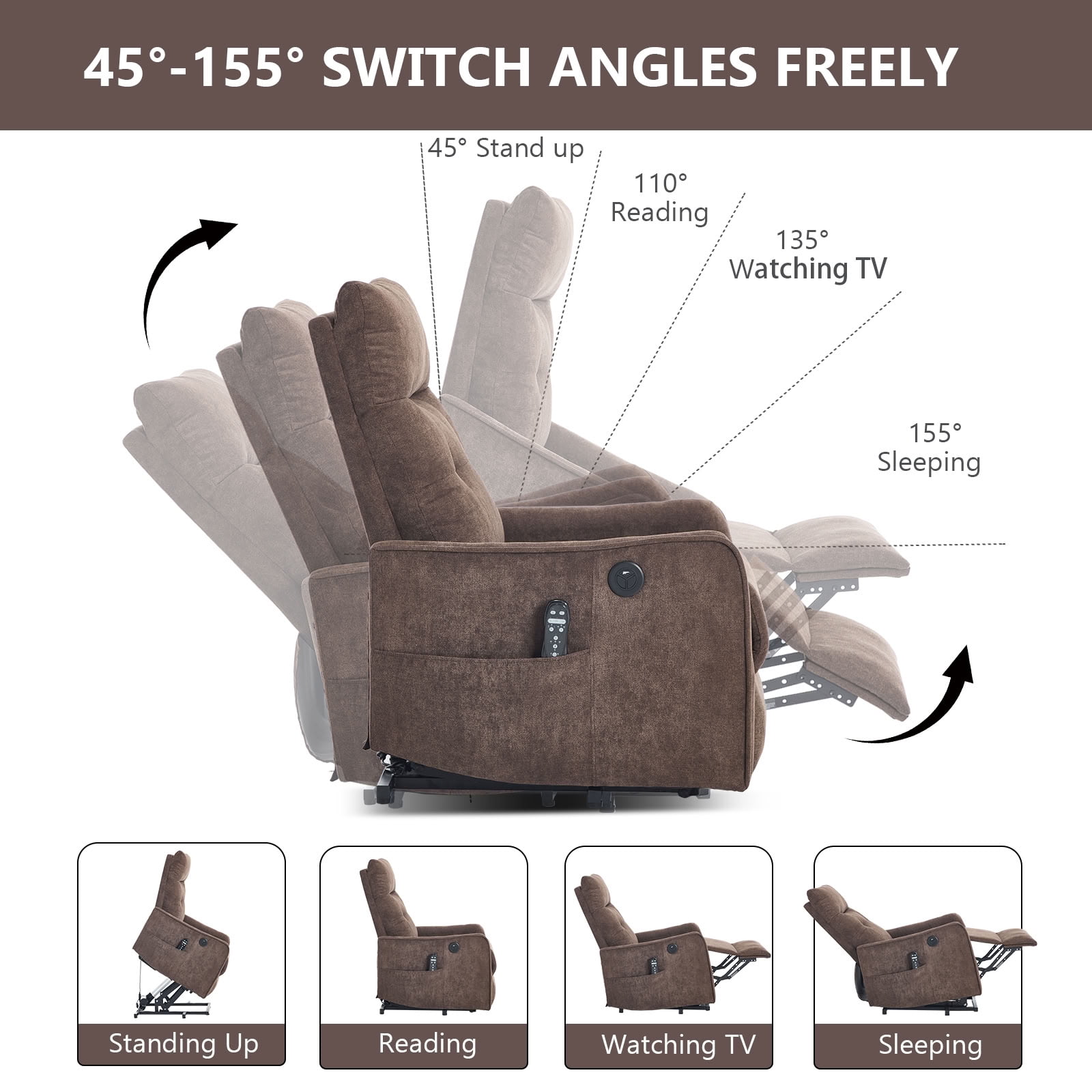 MAYEERTY Chenille Power Lift Recliner Chair for Elderly, Single Motor Electric Lift Chair with 8-Point Massage & Lumbar Heat, USB Charging Port, for Living Room Bedroom