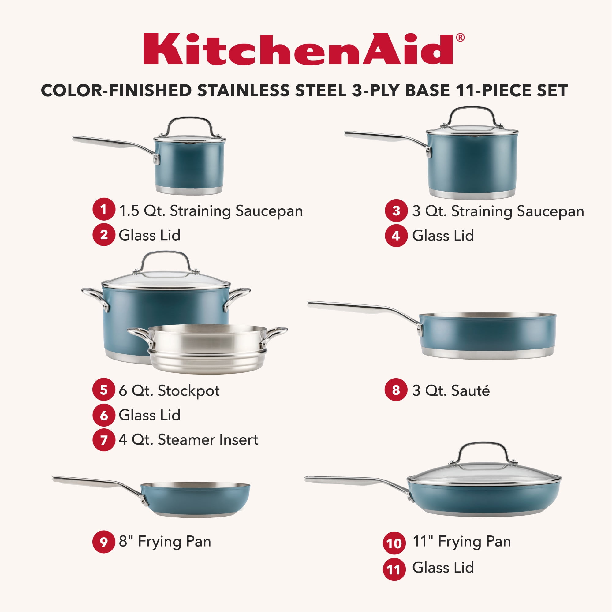 KitchenAid 11pc Color-Finished Stainless Steel 3-Ply Base Cookware Set Dishwasher and Metal Utensil Safe, Induction Suitable and Oven Safe to 500°F, Agave