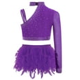 thumbnail image 2 of Aiihoo Kids Girls Jazz Dance Outfit Sparkly 2 Piece Ballet Lyrical Dance Crop Top with Feather Purple 16, 2 of 5