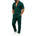 thumbnail image 2 of 2 Piece Waffle Textured Matching Suit for Men Deep V Lapel Polo Shirt Drawstring Waist Straight Leg Pants Wrinkle Resistant Casual Outfit for Weekend Resort Travel Blackish Green L, 2 of 6