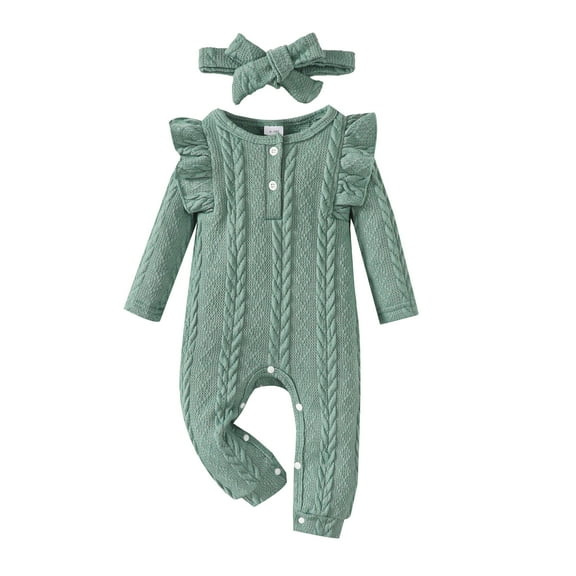 KIMI BEAR Newborn Baby Girls Romper 0-3 Months Winter Clothes Ruffle Long Sleeves Solid Color Knit Jumpsuit Button Bottom One-piece Overalls with Headband 2pcs Clothing Green