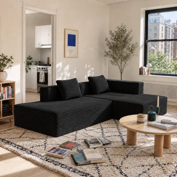 Meeyar 91" Boneless Modular Sectional Sofa with L Shaped Chaise, Cloud Couch for Living Room, Carbon Black