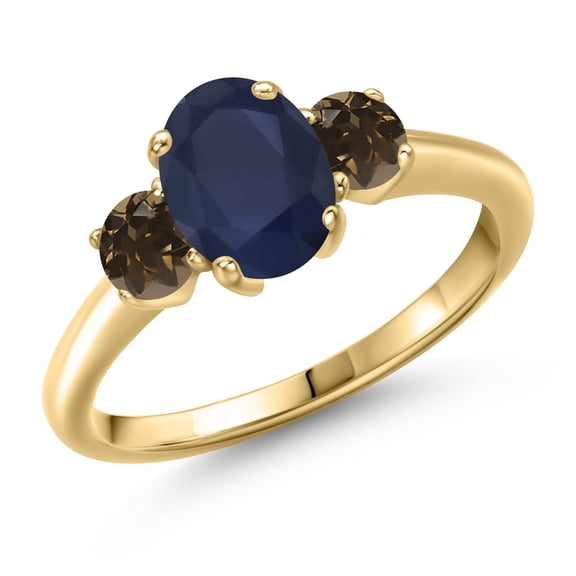 Gem Stone King 2.32 Ct Oval Blue Sapphire Brown Smoky Quartz 18K Yellow Gold Plated Silver Ring (Size 9)
