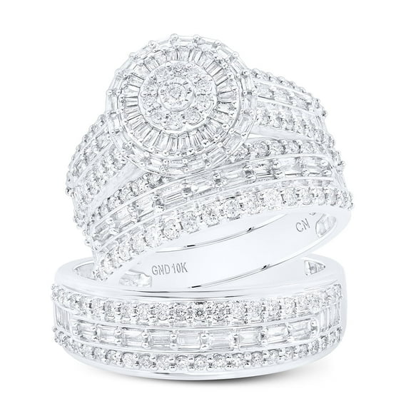 10K White Gold Round & Baguette Cut Diamond Men's Wedding Band & Women's Bridal Set Tiered Floral Halo Matching Trio Set 1 3/4 CT.