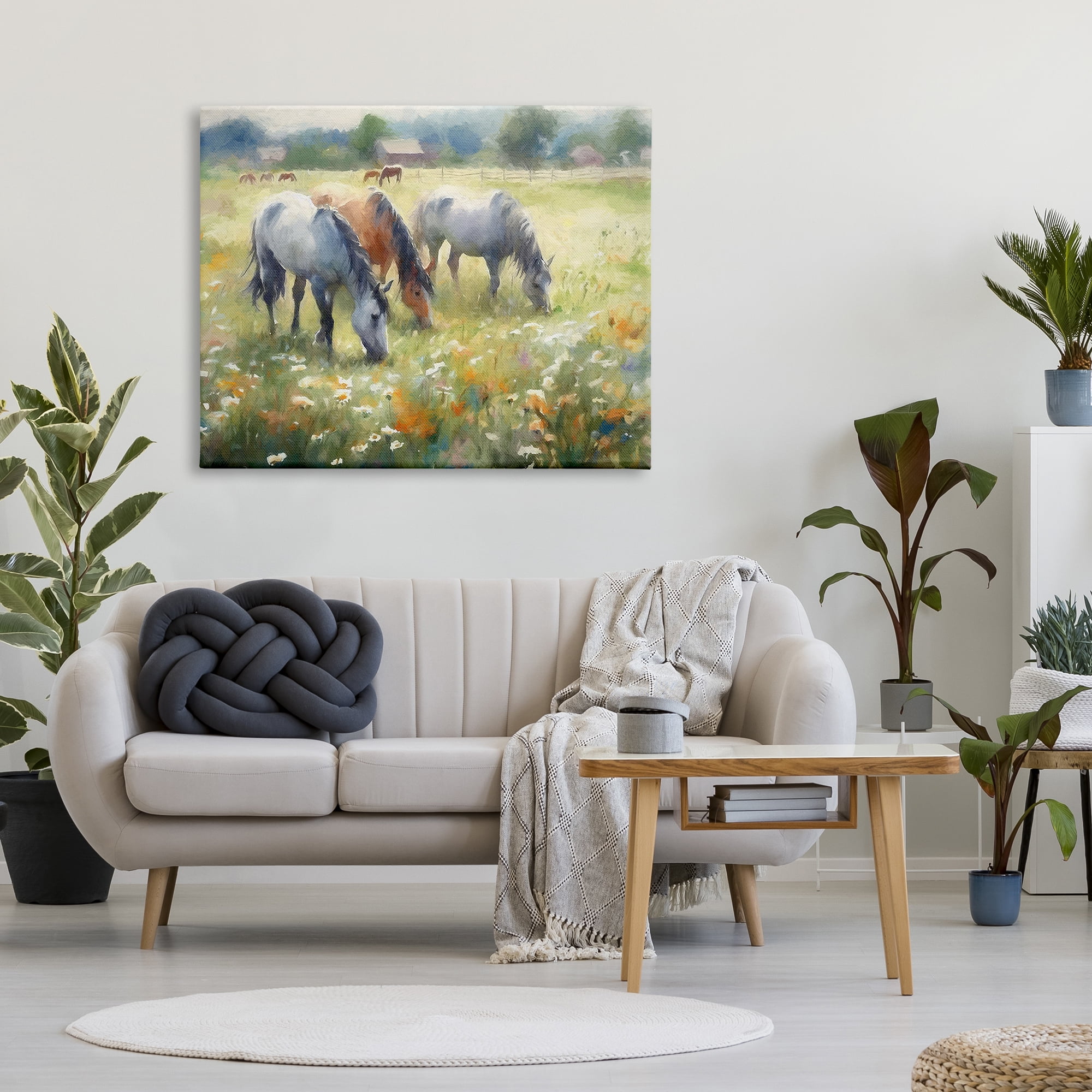 Stupell Industries Grazing Horses in Pasture Animals & Insects Painting Gallery Wrapped Canvas Art Print Wall Art, 48 x 36