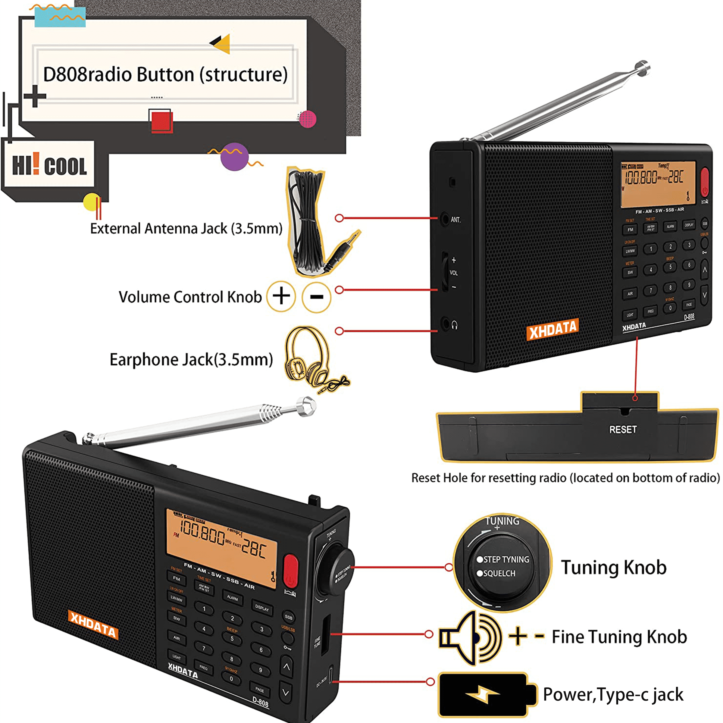 XHDATA D808 Portable Shortwave Radio, AM FM SW LW Air Band, SSB