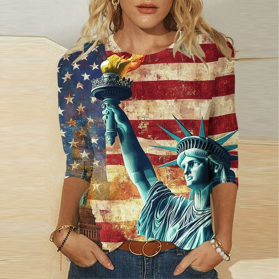 VKOYWKM Women's 3/4 Sleeve Tops 4th of July Independence Day Shirts USA Flag Graphic T Shirts Holiday Crew Neck American Flag Tshirts Patriotic Tunic Tops