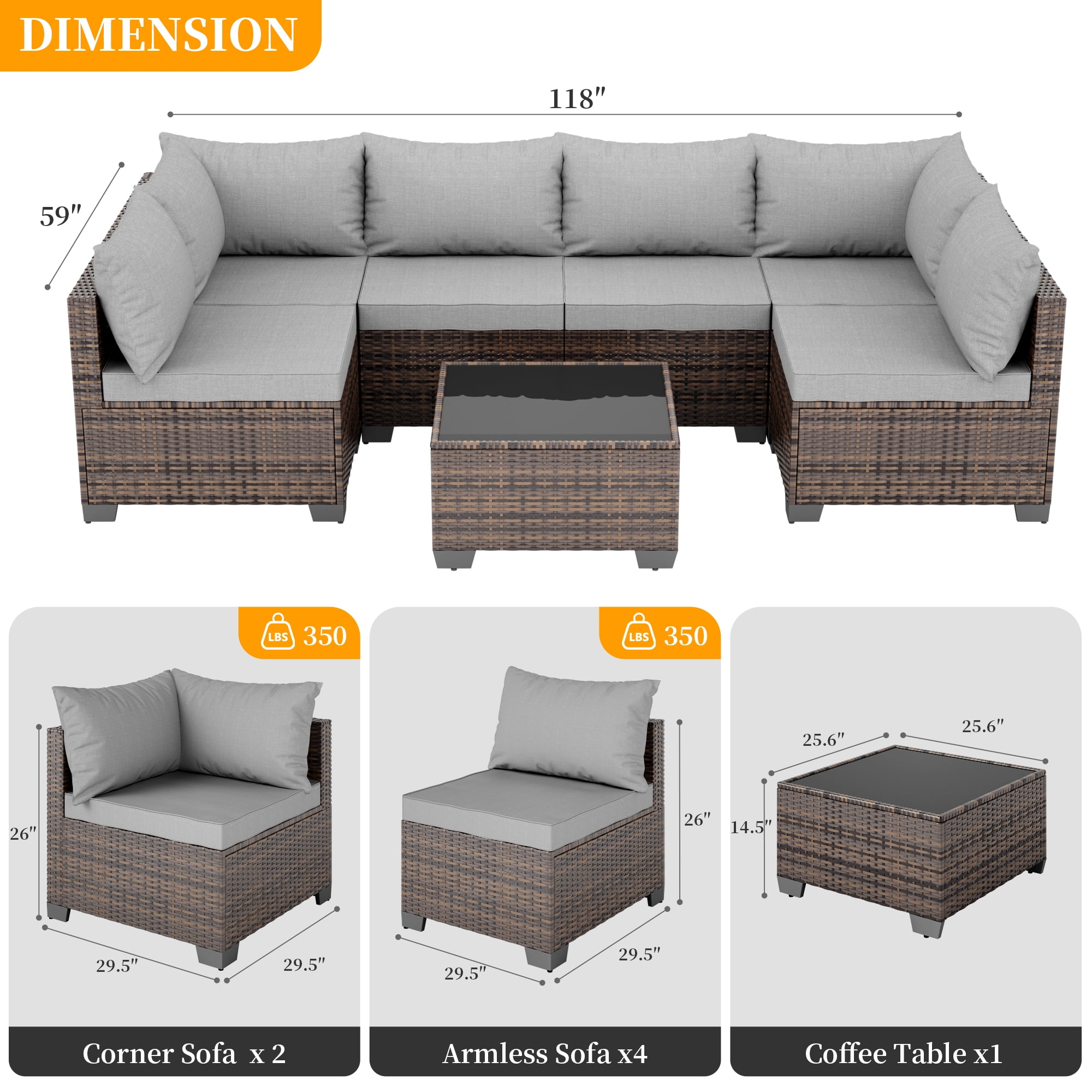 JORVIMAX 7 Piece Patio Furniture Set Outdoor Conversation Sets All-Weather Brown Rattan Wicker Patio Sectional Sofa with Cushions Light Gray