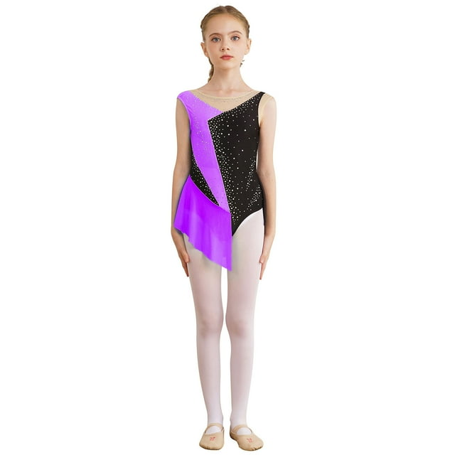 Yartina Children Girls Figure Skating Dance Bodysuit Color Block Ballet Leotard Dress Rhinestone Dancing Outfits Purple 6