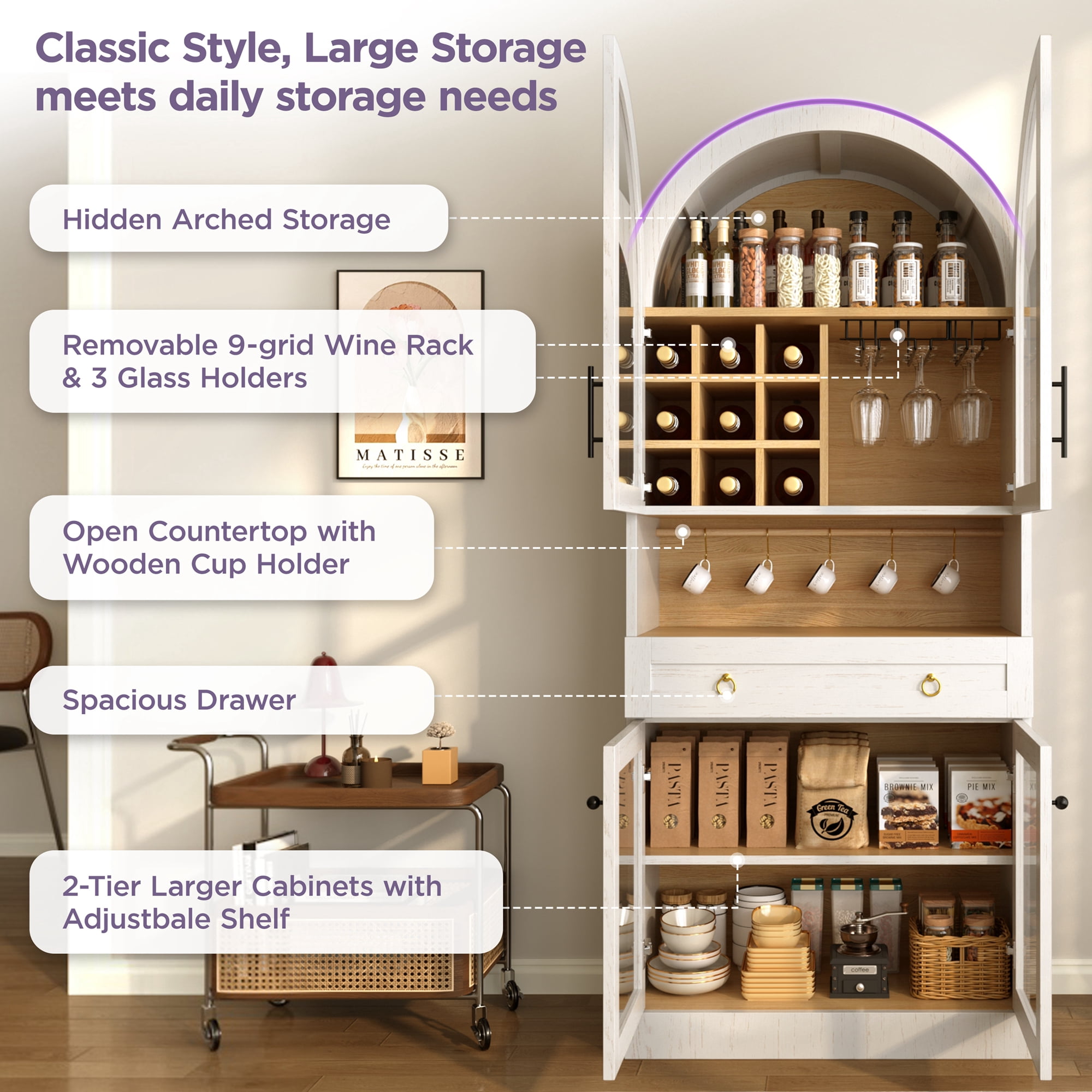 Euroco 70" Tall Arched Bar Cabinet, Mid-Century Coffee Bar Cabinet with Glass Holders,Wine Racks,Adjustable Shelf & Storage Drawer,Kitchen Pantry with Glass Doors,Wine Liquor Cabinet for Home,White
