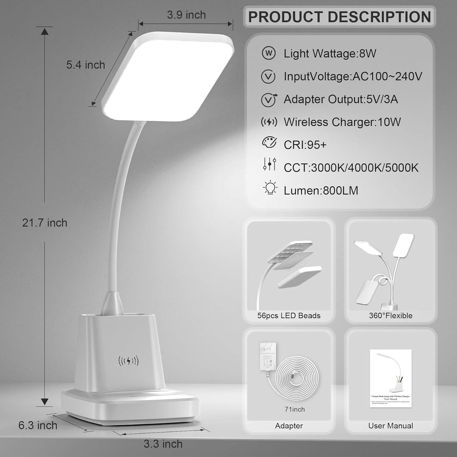 Desk Lamp with Wireless Charger, LED Desk Lamps for Home Office Eye-Caring CRI 85+, 3 Color Modes, Stepless Dimming Touch Table Lamp, Study Small White Lamp with Pen Holder for College Dorm
