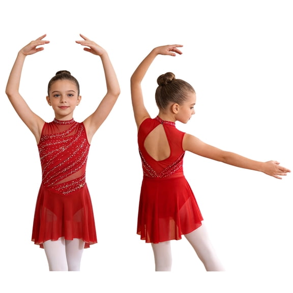 JanJean Girls Kids Figure Ice Skating Dress Latin Jazz Lyrical Dance leotard Gymnastics Tutu Skirt Ballerina Outfits Red 16