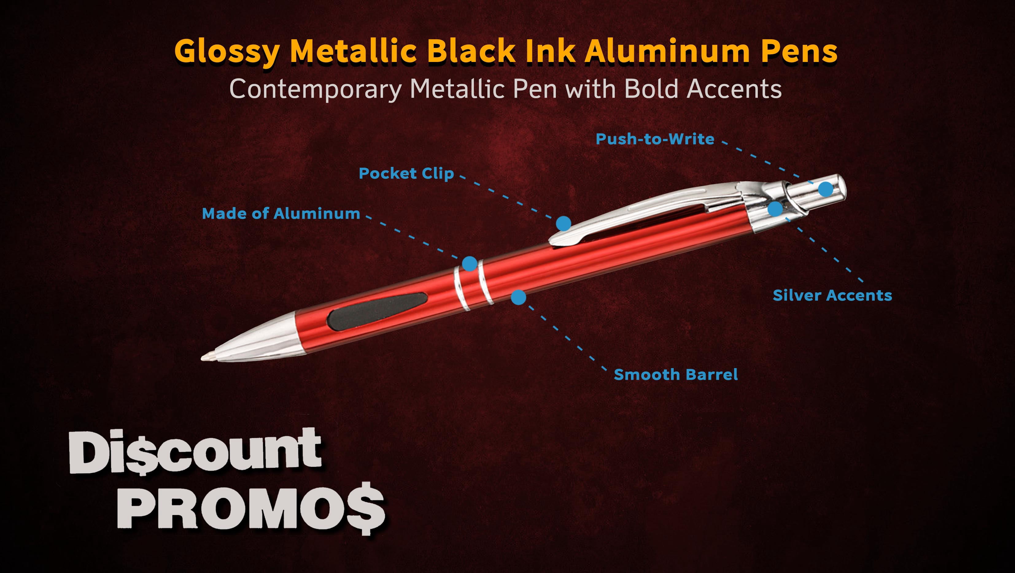 10 Black Ink Metal Pens Pack - Ballpoint, Retractable, Silver accents - Maroon