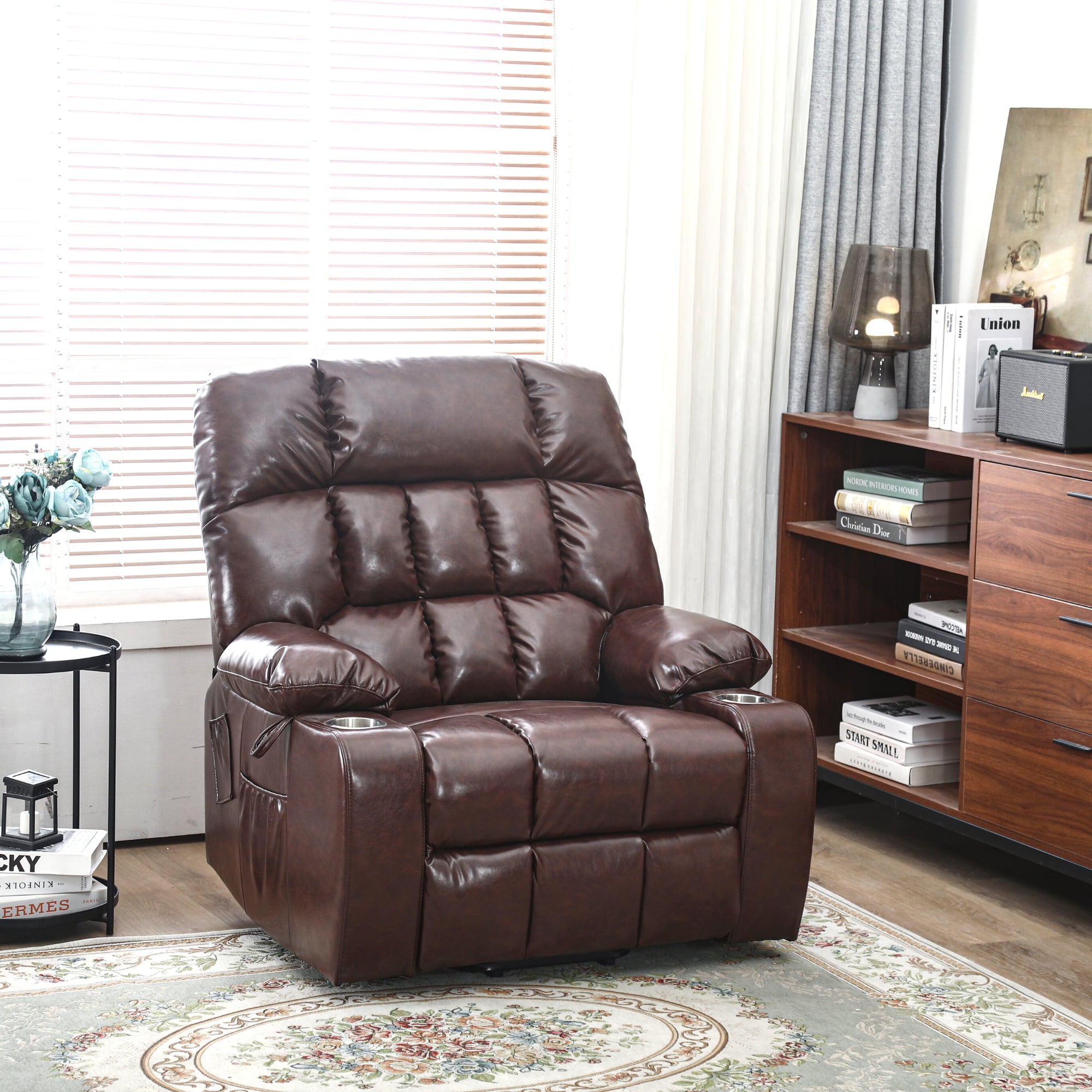 Premium Oversized Recliner Chair, 26 Inch Extra Wide Seat Recliner for Big and Tall, Large Power Lift Chair with Heat and Massage, Brown Leather