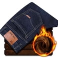 thumbnail image 2 of Pantalones vaqueros con forro polar para hombre, gruesos, cálidos, estilo otoño e invierno, elásticos, rectos, sueltos, informales, duraderos, largos, 2 of 5