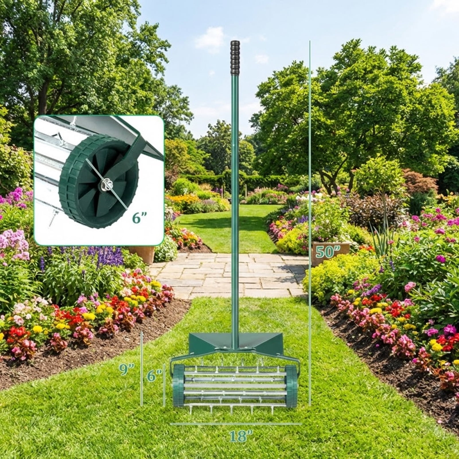 Biotree 18 Inch Rolling Lawn Aerator with Splash-Proof Fender for Garden Dark green, silver - Outdoor Lawn Yard Garden Care Tool