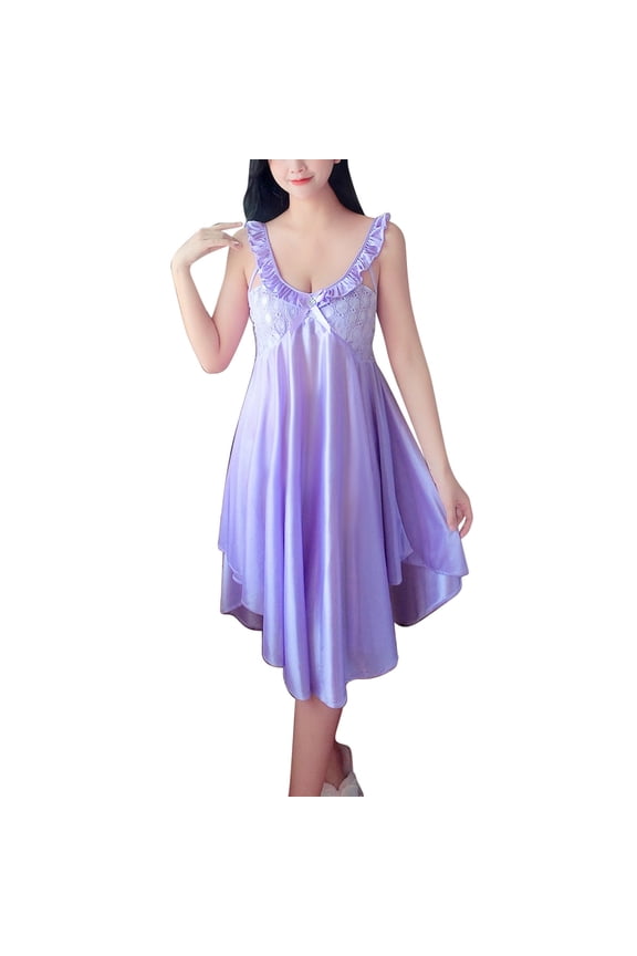 Womens Nightgown V-Neck Sleepwear Lingerie Nightgown Lace Chemise Satin Slip Silk Nighty Plus Size Dresses