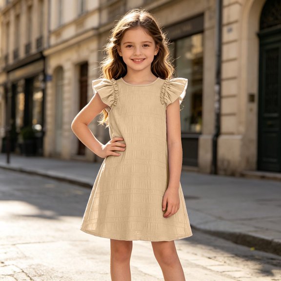 Girls Solid Textured Shift Dress, Round Neck Ruffle Flutter Sleeve Casual Sundress, Lightweight Fabric for Kids Summer Daily Play Outfits Beige 110