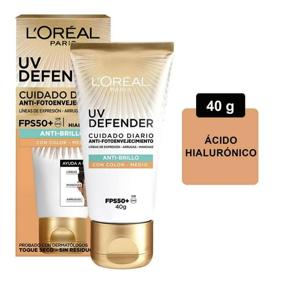 Protector Solar Diario FPS50+ L'Oréal Paris UV Defender Anti Brillo Tono Medio 40 g