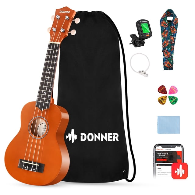 Ukelele Donner Soprano de 21 pulgadas para principiantes, paquete para principiantes, color naranja