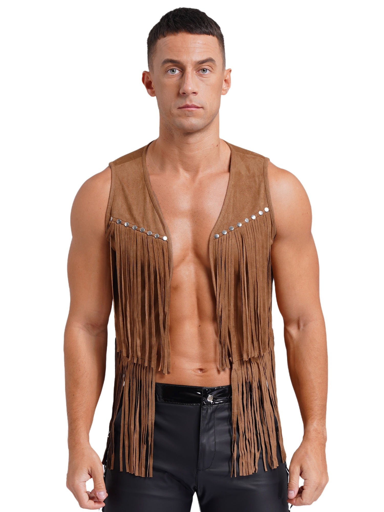 Sxiwei Mens Cowboy Faux Suede Tassel Vest Rivets Fringe Open Front Waistcoat Jacket Brown XXL