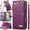 Purple, variant on for iPhone 15 Leather Case Classic Diamond Quilted Checkered Pattern Wallet, Multi-layer Card Slot, Magnetic Clasp, Wrist Strap, Metal Bow