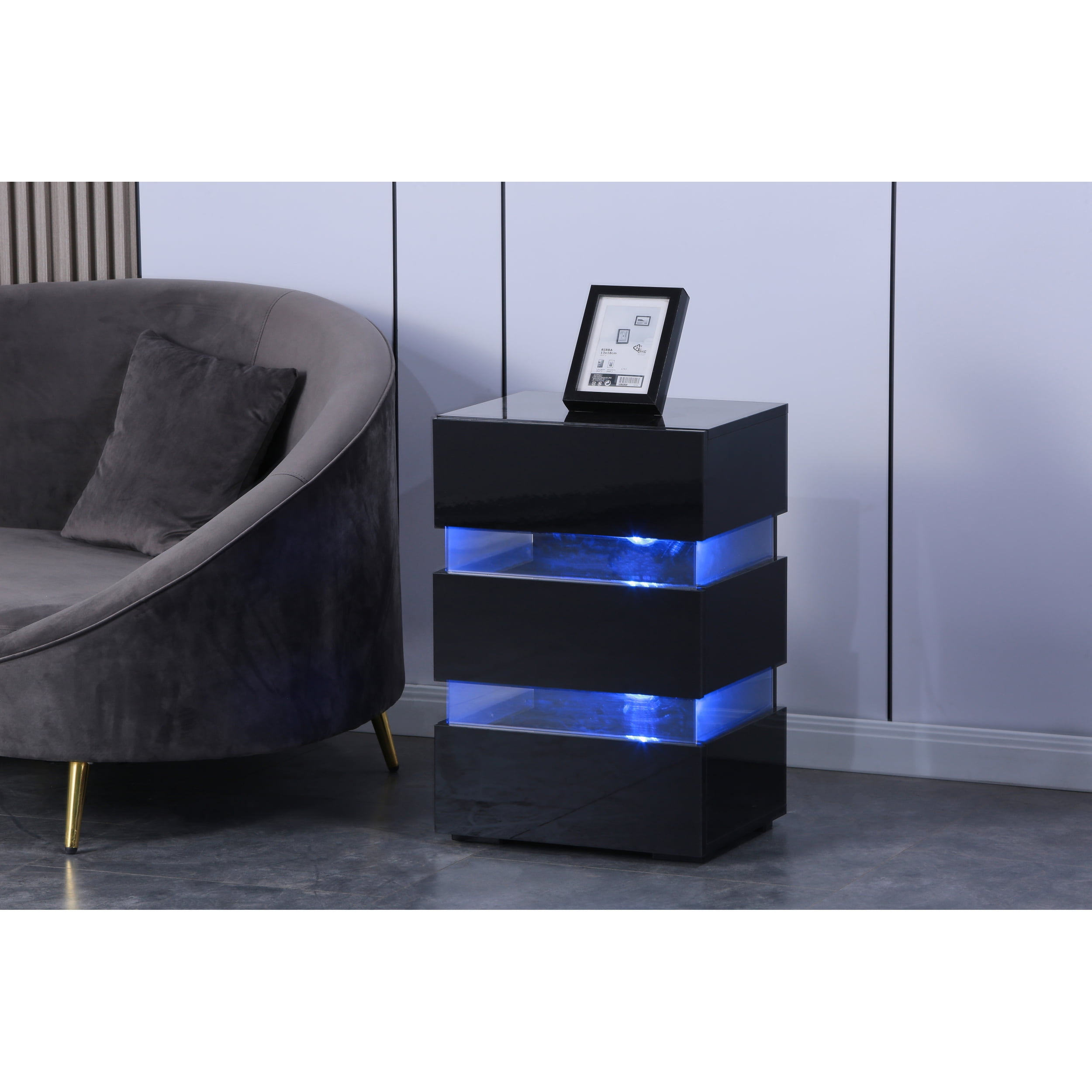 High Gloss LED Side Table, Modern Nightstands with 3 Drawer for Bedroom