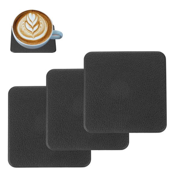 Uxcell 3 Pcs Faux Leather Coasters, 3.9 x 3.9" Square Coasters for Drinks Heat Resistant Waterproof Oil Proof Non Slip Cup Mat for Office Kitchen Bar Table Desk (Black)