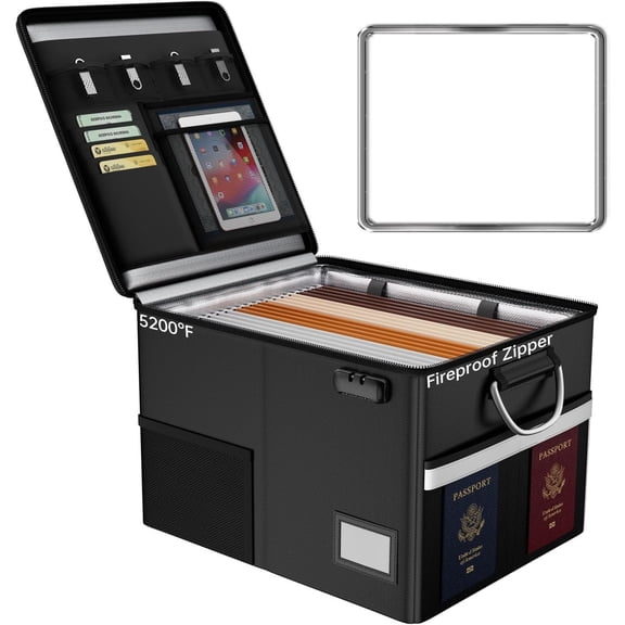 5200? Fireproof Document Box with Lock,  File Organizer with Handle, Portable Collapsible Filing Cabinet with Reflective Strip for  Letter/Legal Folder, Black
