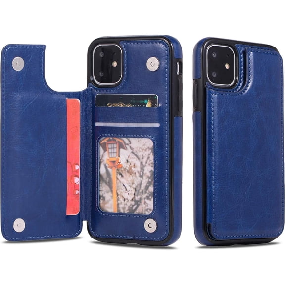 Case for iPhone 11, Luxury PU Leather Case with [Two Magnetic Clasp] [Card Slots] Stand Function Durable Shockproof Soft TPU Case Back Wallet Cover - Blue