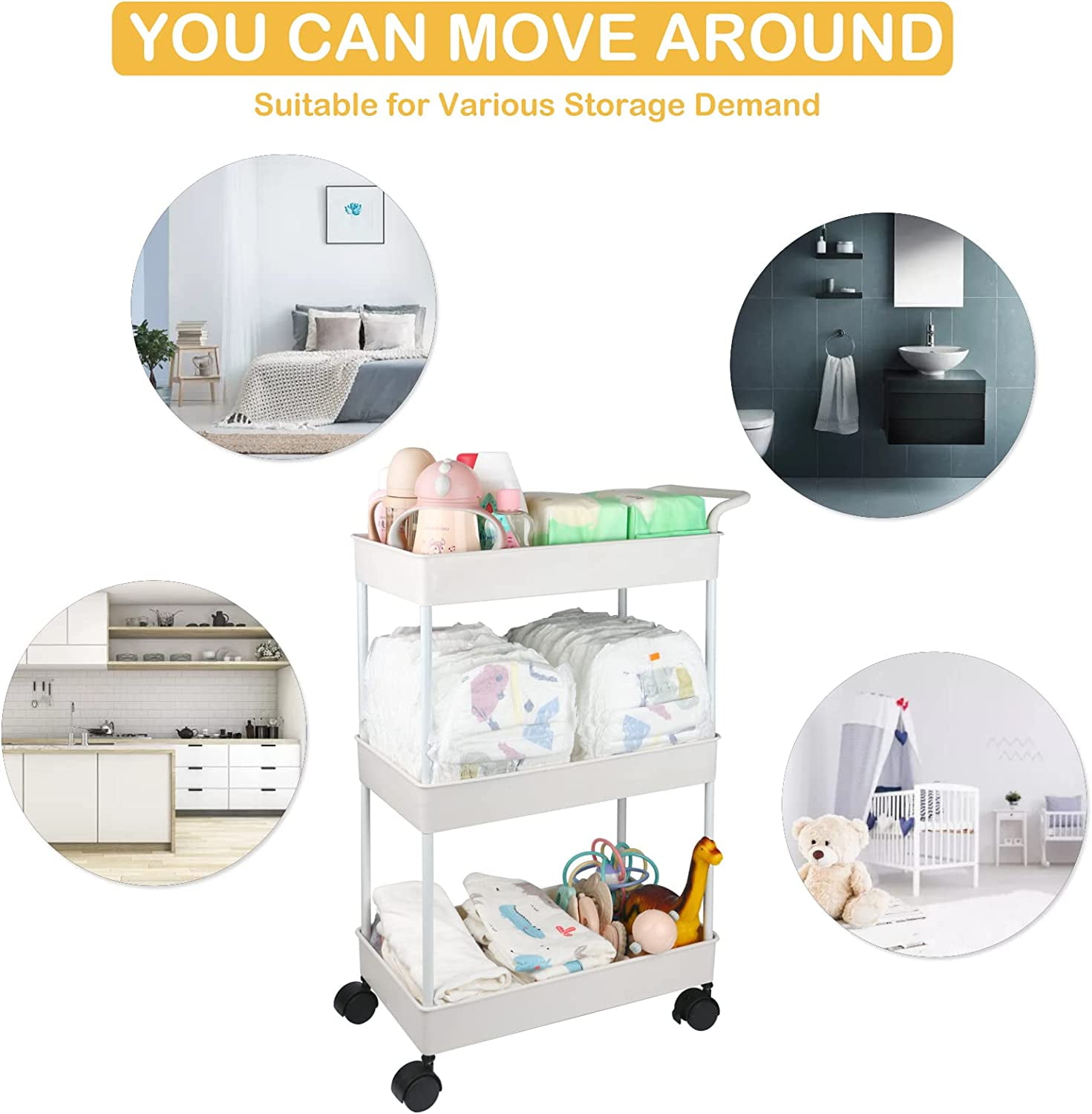 Diaper Caddy, Plastic Movable Cart for Newborn Nursery Essentials Diaper Storage Organizer with 3-Tier Design
