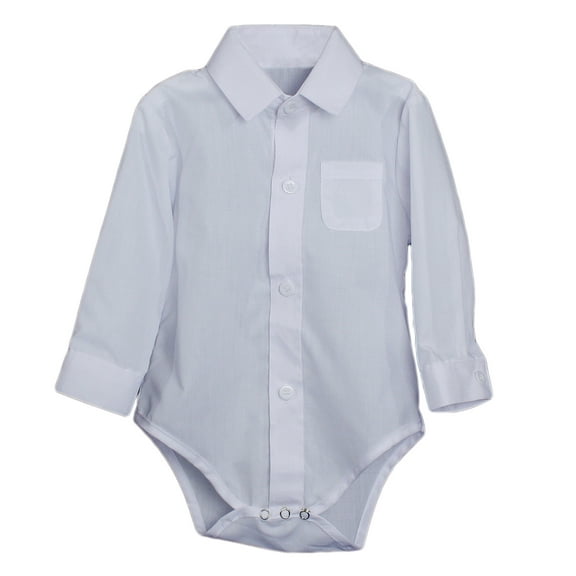 Baby Boys Poly Cotton Button Up White Dress Shirt Bodysuit Romper with Collar