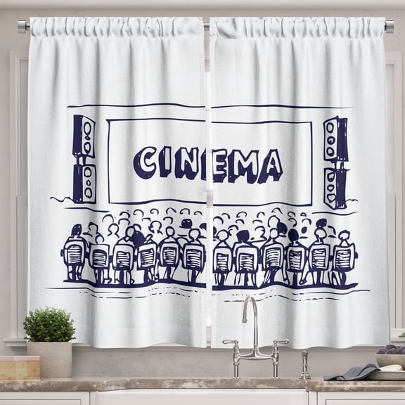 Ambesonne Movie Theater Kitchen Curtains, Audience Cinema, 55"x39", Navy Blue White