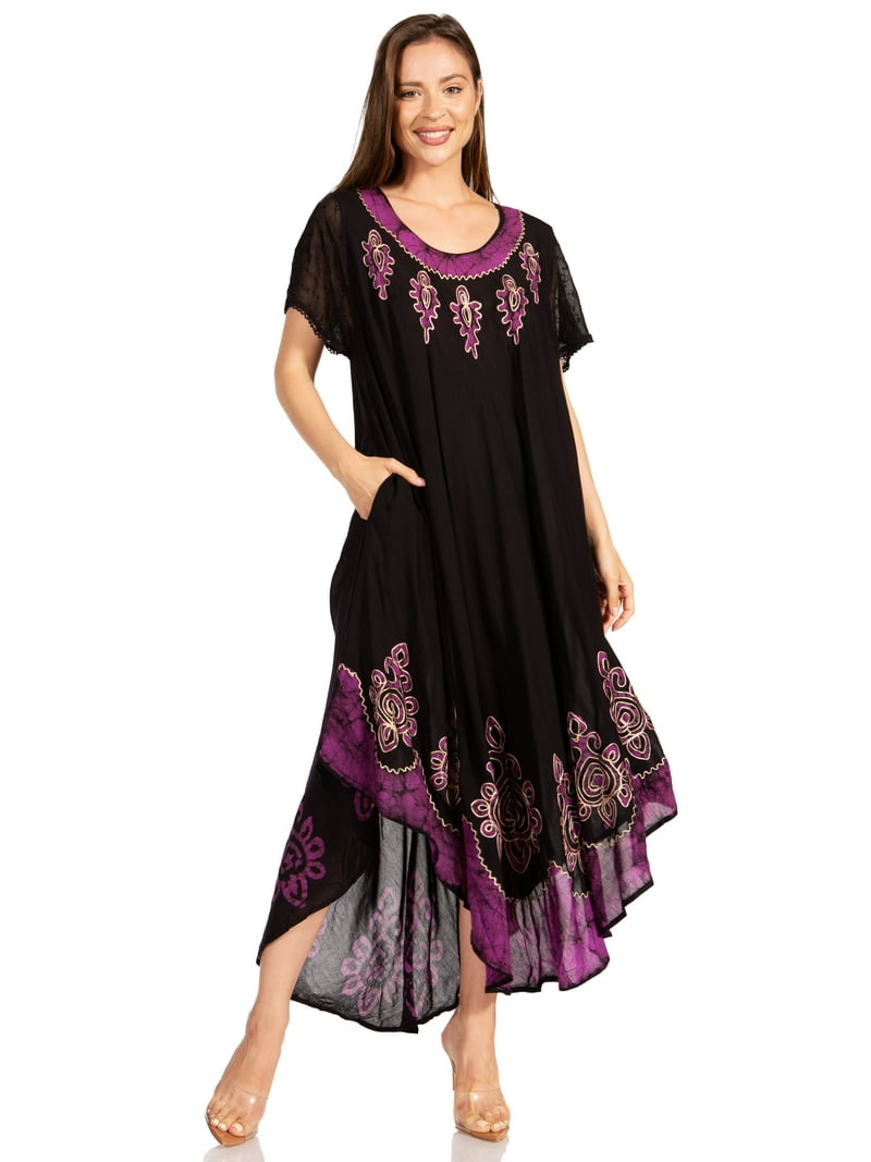 Sakkas Batik Hindi Cap Sleeve Caftan Dress Cover Up Eggplant